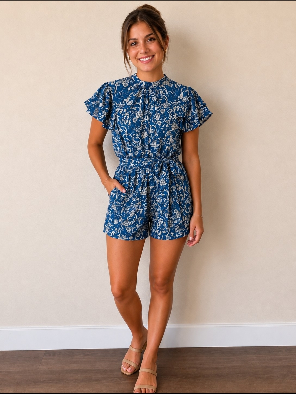 Flying Tomato Blue and White Floral Romper